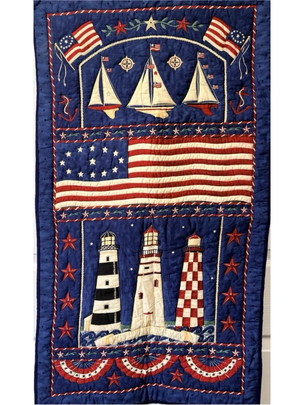 Handmade Patriotic Americana Lighthouse/Sailboat Finished Wall Quilt 23”x41”